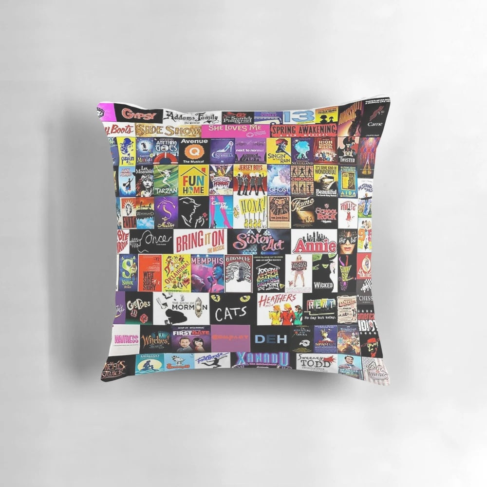 Colorful collage-style throw pillow featuring musical theatre, drama, and acting-themed elements