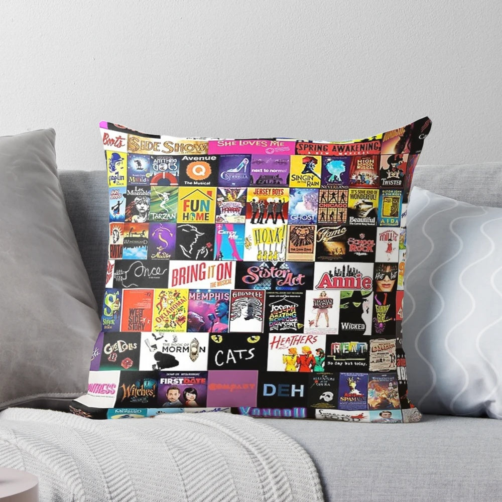 Colorful collage-style throw pillow featuring musical theatre, drama, and acting-themed elements