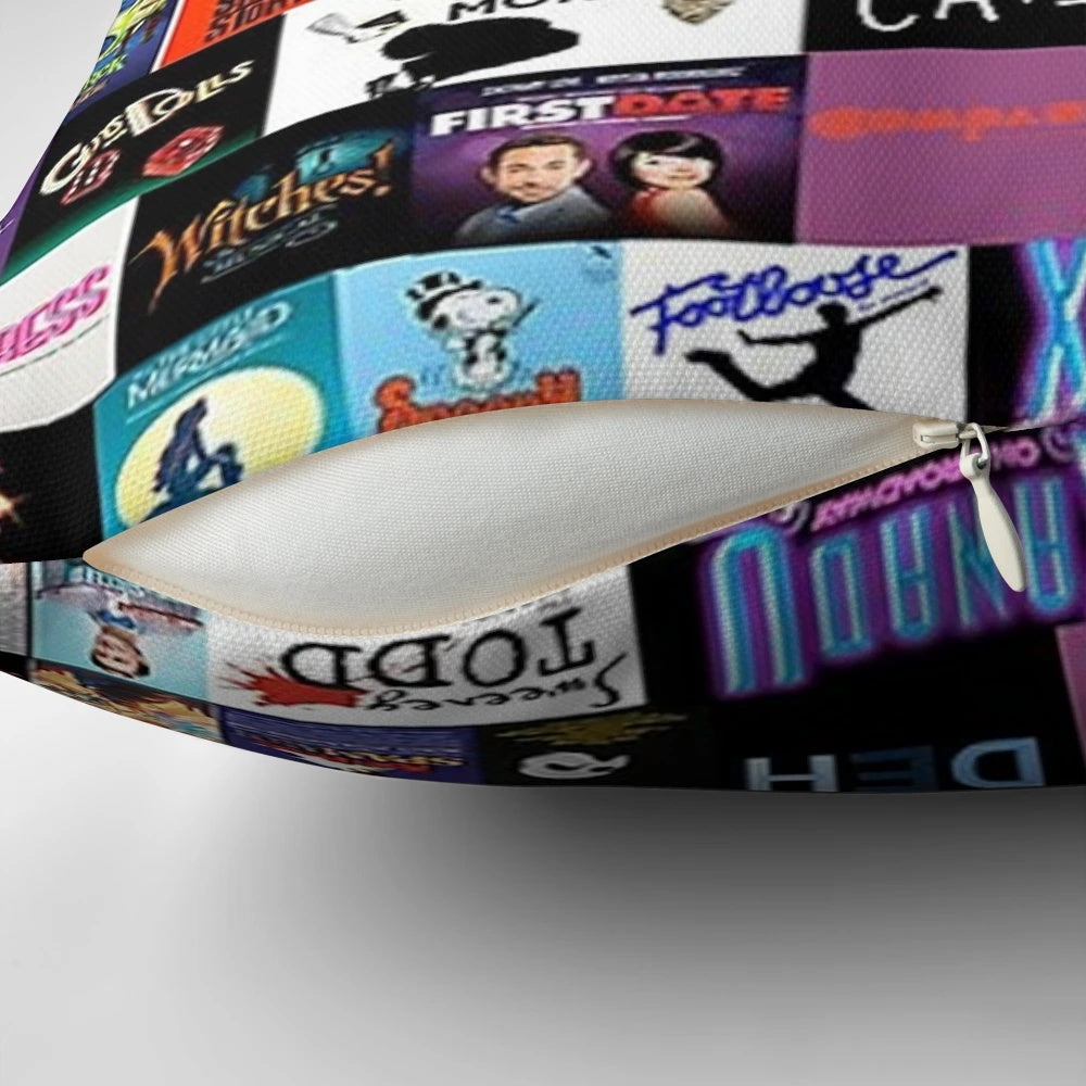 Colorful collage-style throw pillow featuring musical theatre, drama, and acting-themed elements