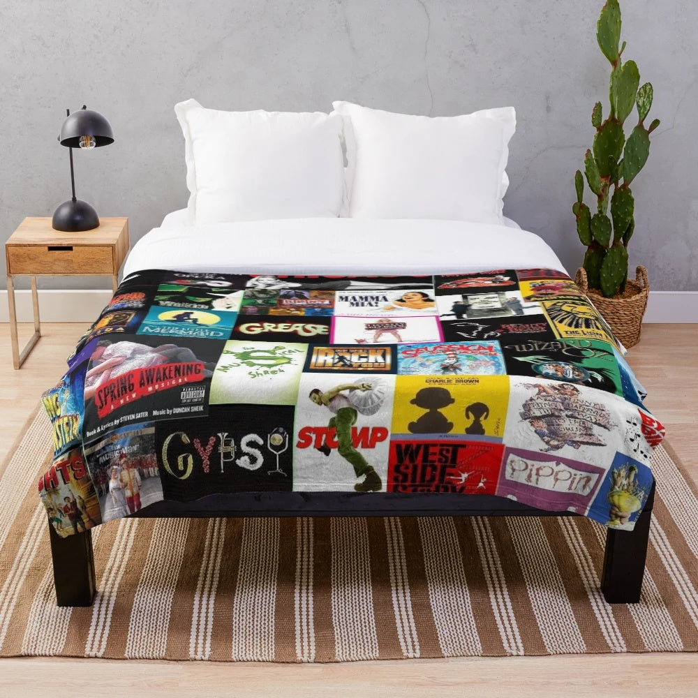 Plush blanket with collage of musical theater elements