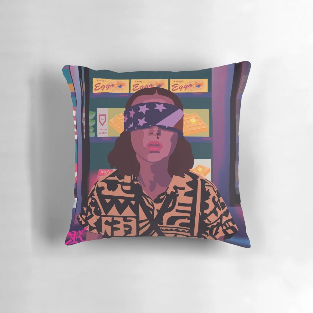 Decorative throw pillow featuring Eleven from the Netflix series Stranger Things