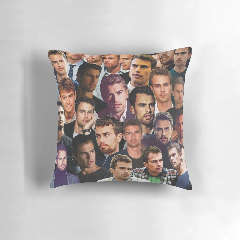 Theo James inspired photo collage design printed on a soft, high-quality pillow