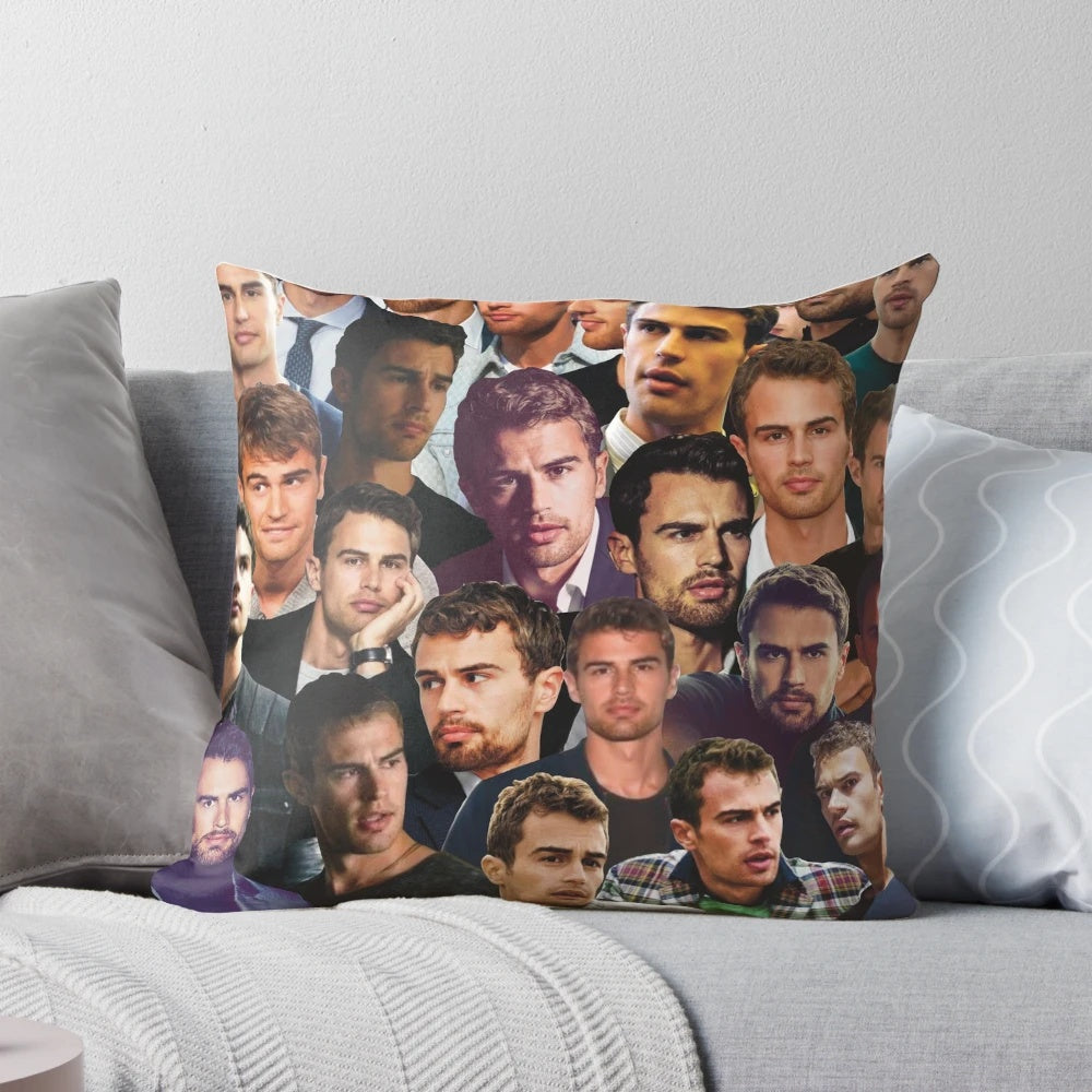 Theo James inspired photo collage design printed on a soft, high-quality pillow