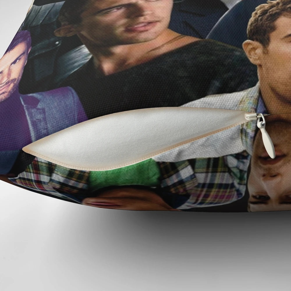 Theo James inspired photo collage design printed on a soft, high-quality pillow