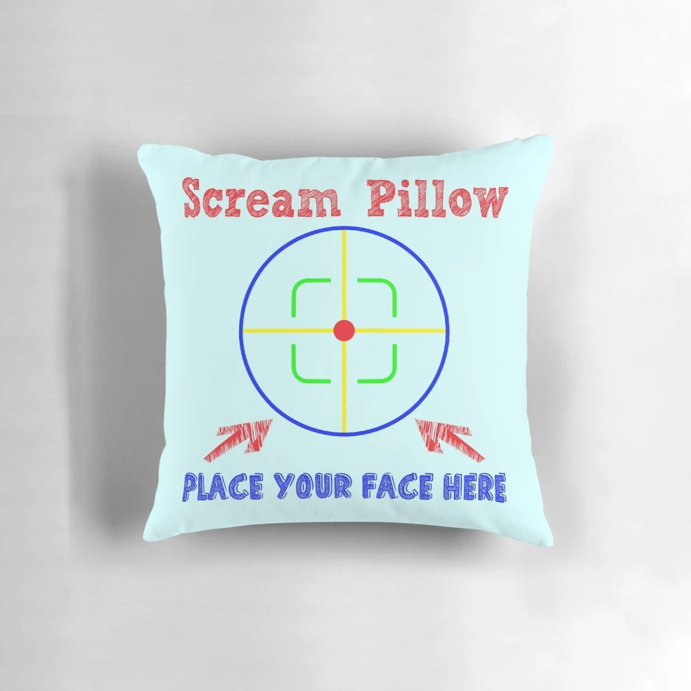 Therapeutic scream pillow with a face imprint for stress relief and mental health.
