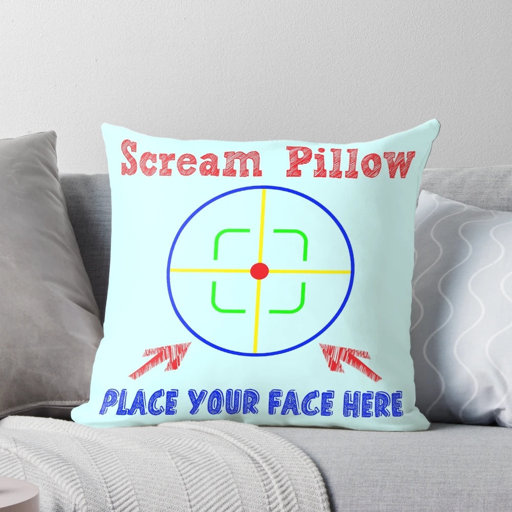 Therapeutic scream pillow with a face imprint for stress relief and mental health.