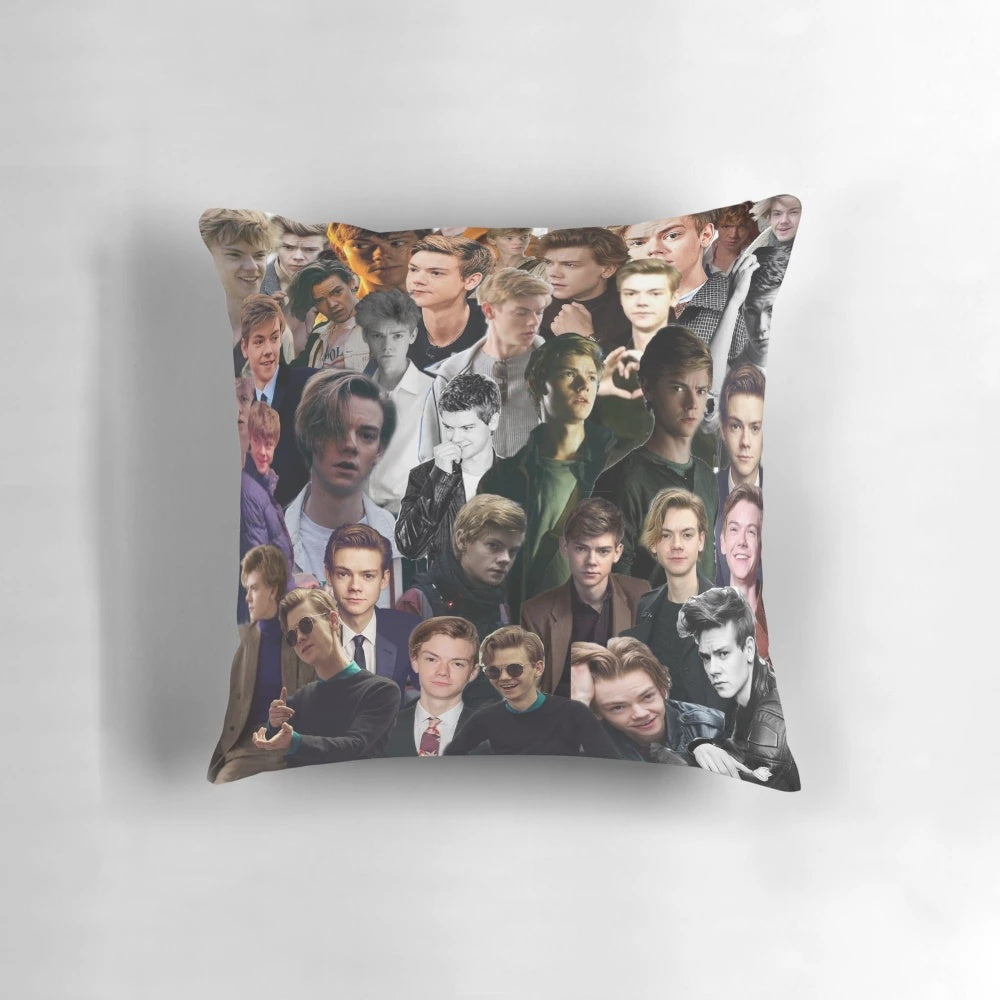 Artistic collage pillow featuring actor Thomas Brodie-Sangster in various roles