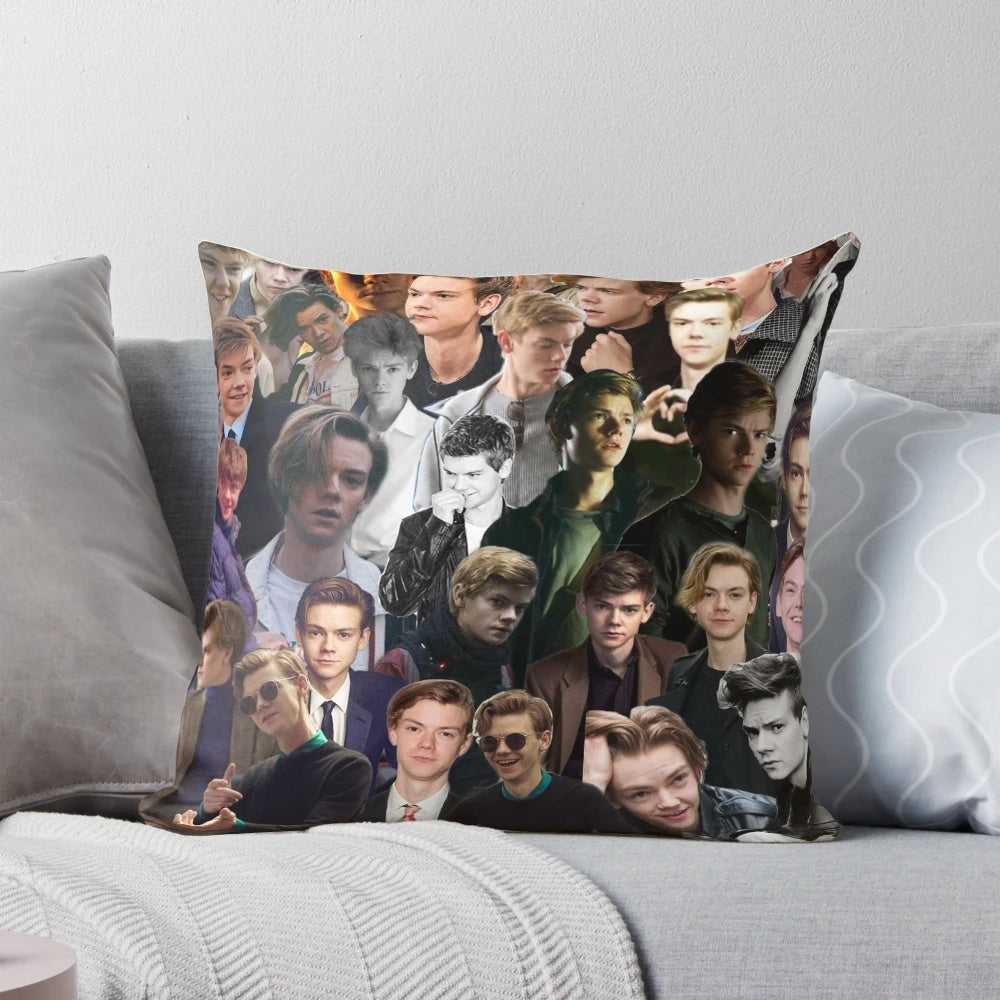 Artistic collage pillow featuring actor Thomas Brodie-Sangster in various roles