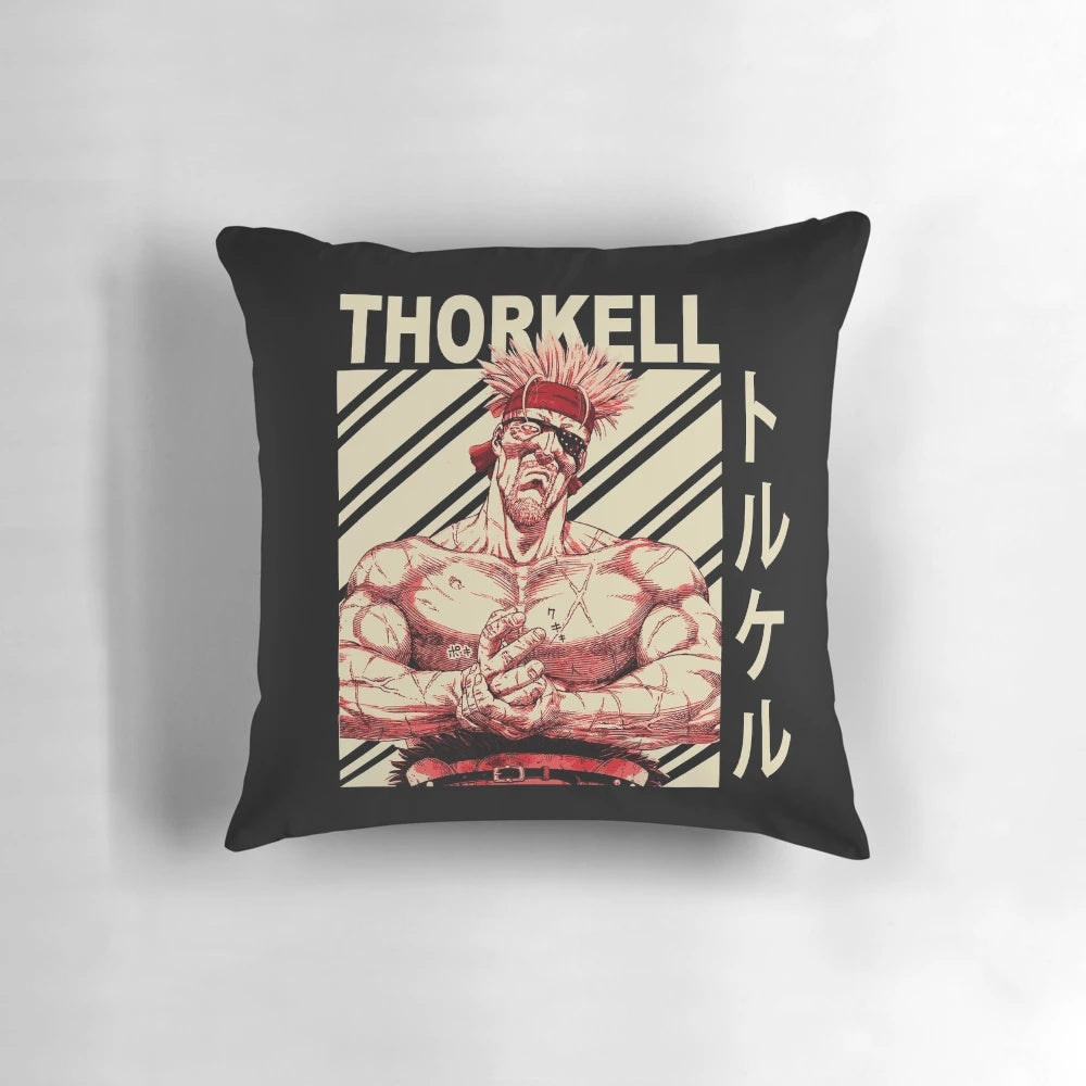 Thorkell the Tall from the anime and manga series Vinland Saga featured on a vintage-style decorative pillow.