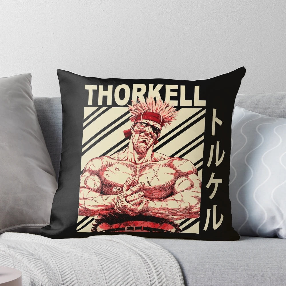 Thorkell the Tall from the anime and manga series Vinland Saga featured on a vintage-style decorative pillow.