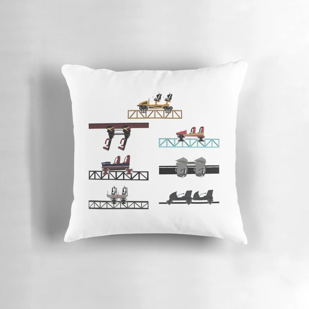 Thorpe Park coaster cars themed pillow featuring designs for the Hyperia and Nemesis roller coasters