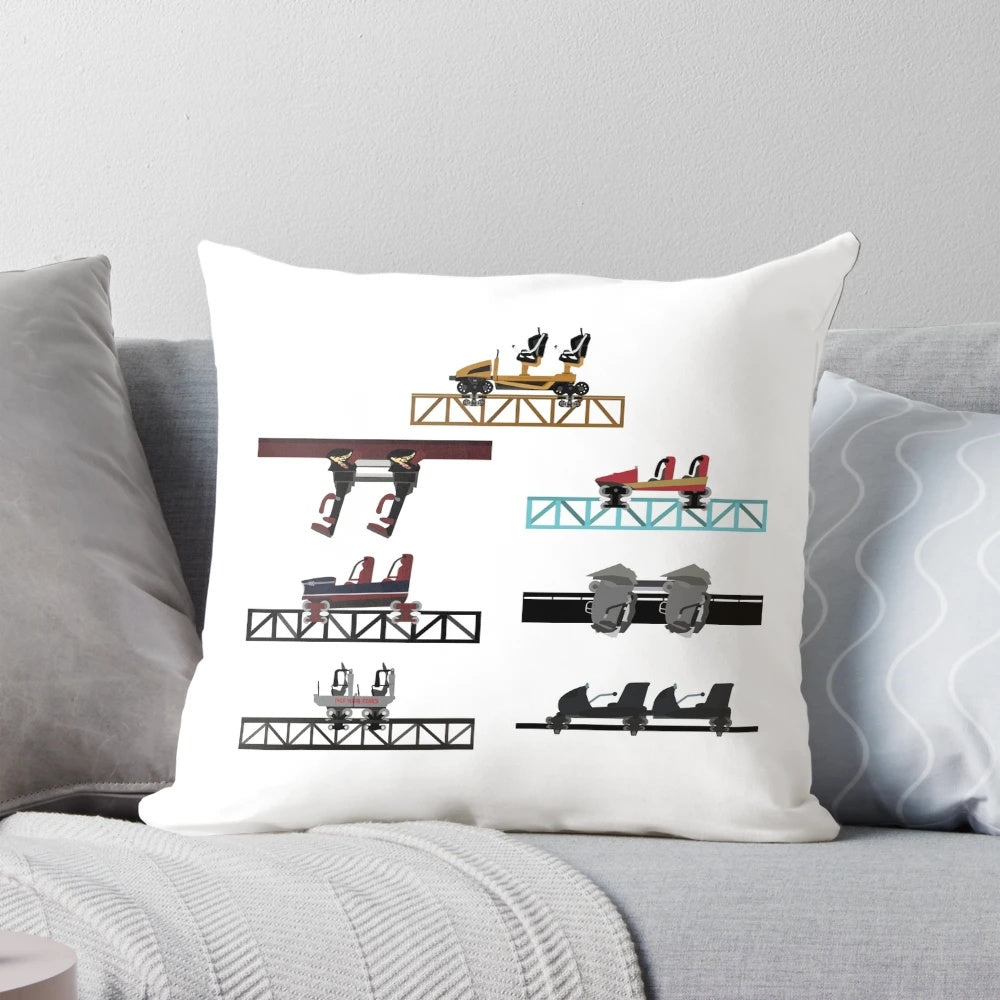 Thorpe Park coaster cars themed pillow featuring designs for the Hyperia and Nemesis roller coasters