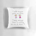 Whimsical sister smile pillow with a playful design