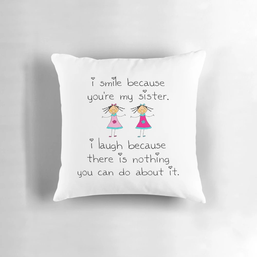 Whimsical sister smile pillow with a playful design