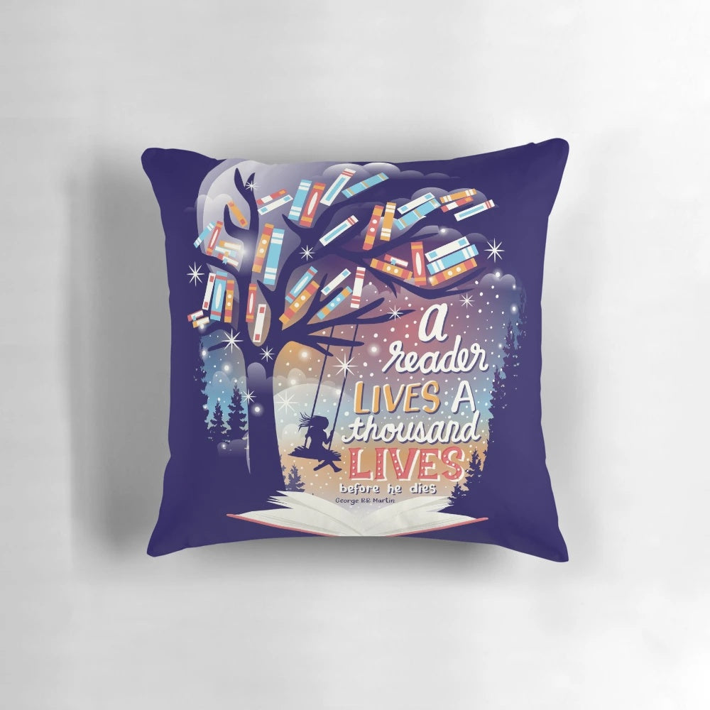 "Thousand Lives Pillow featuring a minimalist book design"