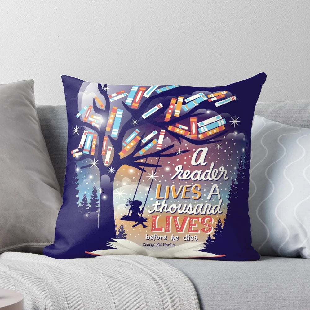 "Thousand Lives Pillow featuring a minimalist book design"