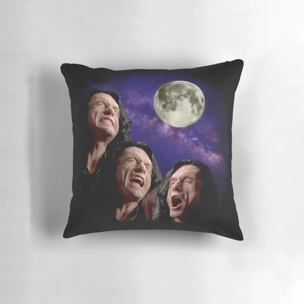 Three Wiseau Moon Pillow featuring the iconic imagery from The Room and Three Wolf Moon meme