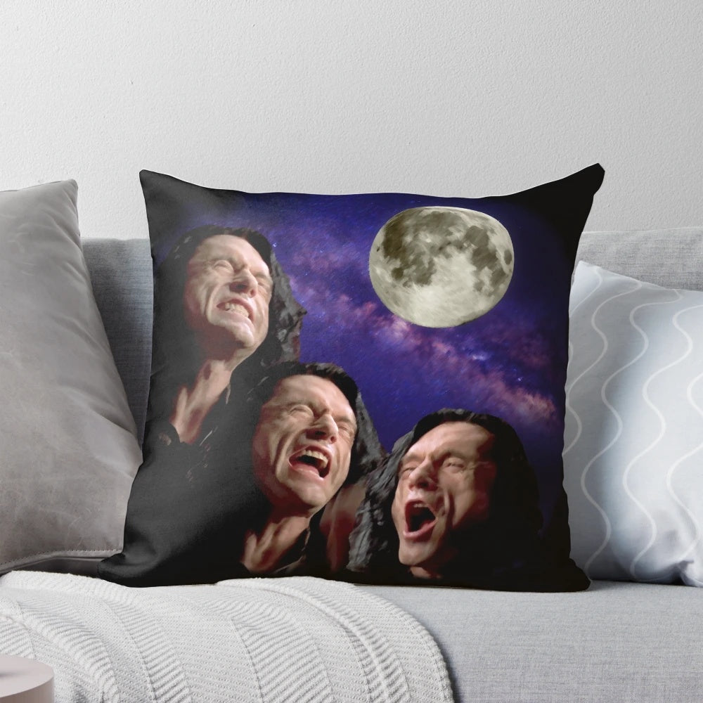 Three Wiseau Moon Pillow featuring the iconic imagery from The Room and Three Wolf Moon meme