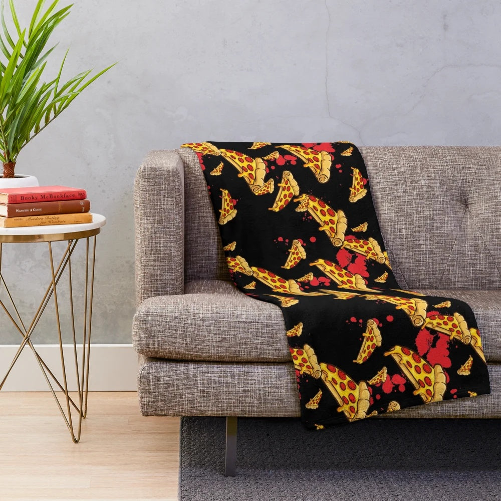 Plush blanket featuring horror movie and pizza design