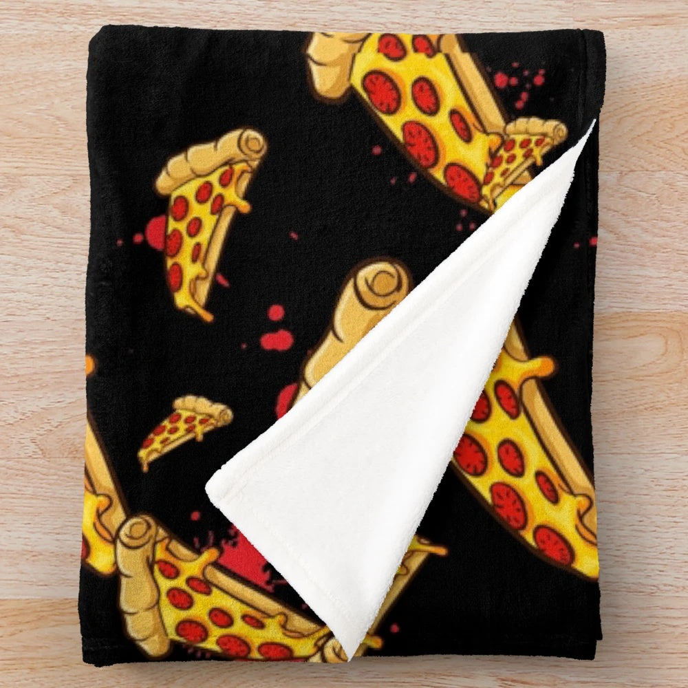 Plush blanket featuring horror movie and pizza design