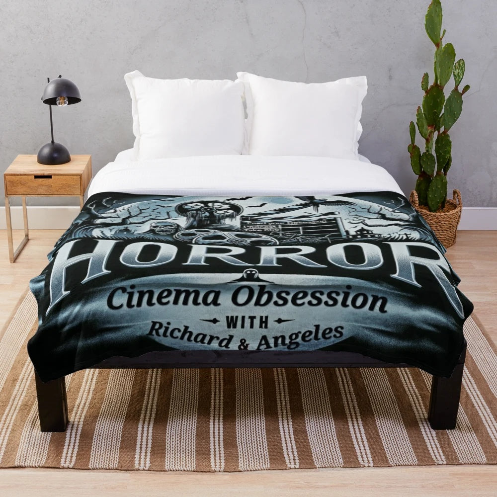 Horror cinema themed plush blanket with focus keyword