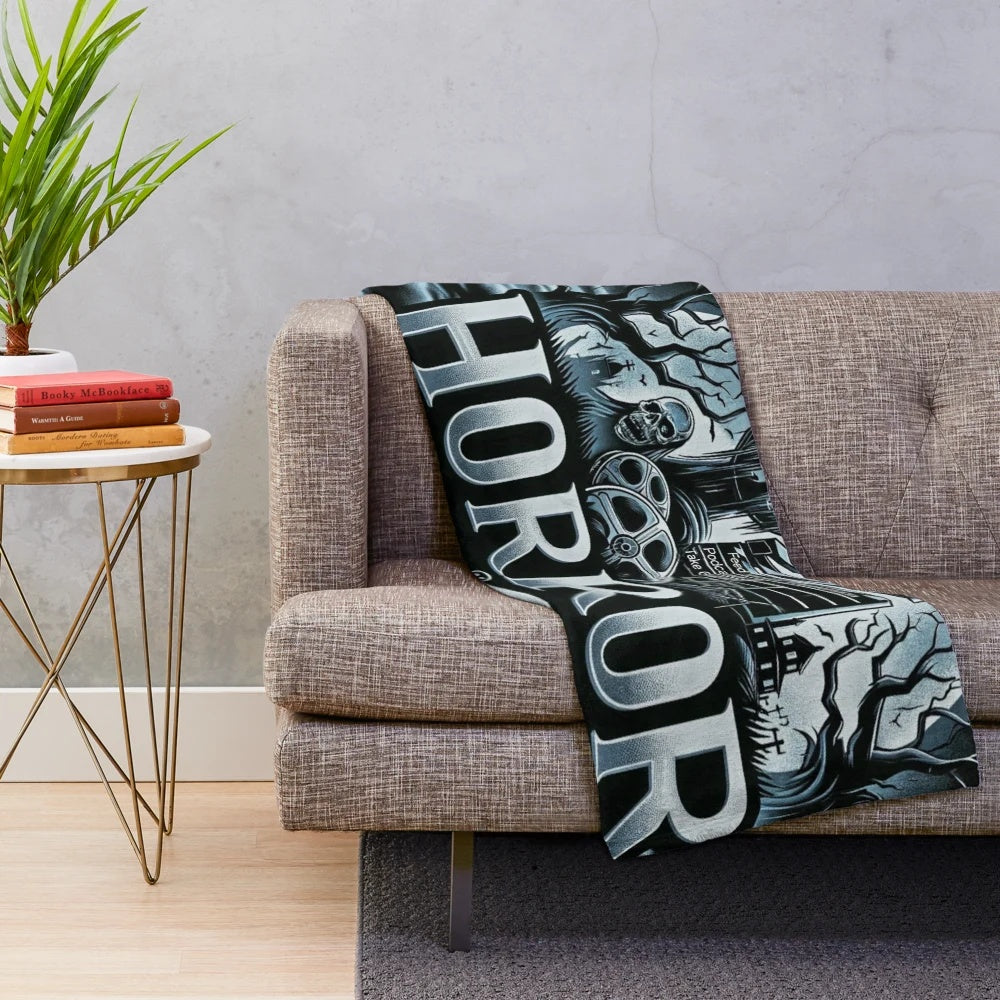 Horror cinema themed plush blanket with focus keyword