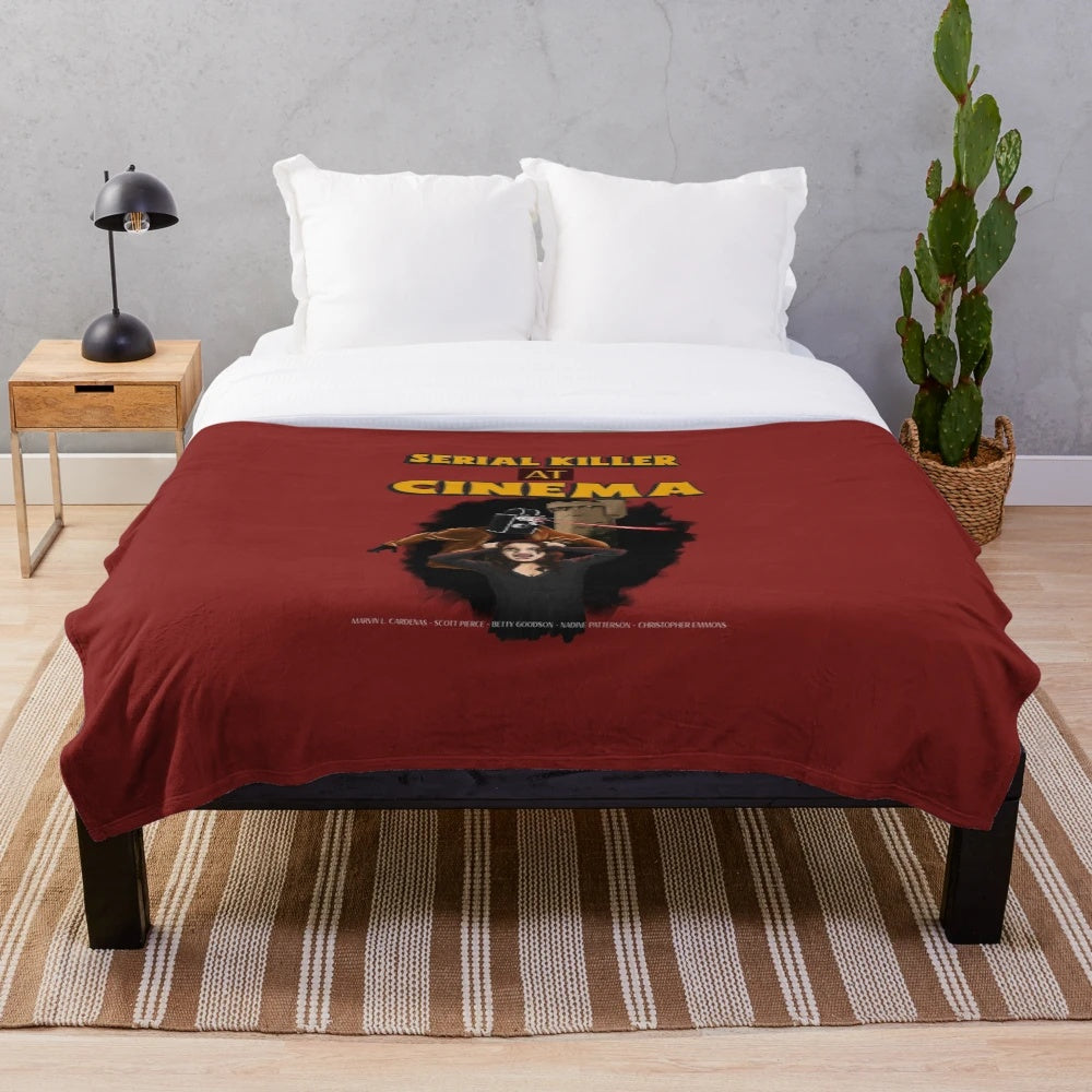 Plush blanket featuring a serial killer theme inspired by classic movies and thrillers
