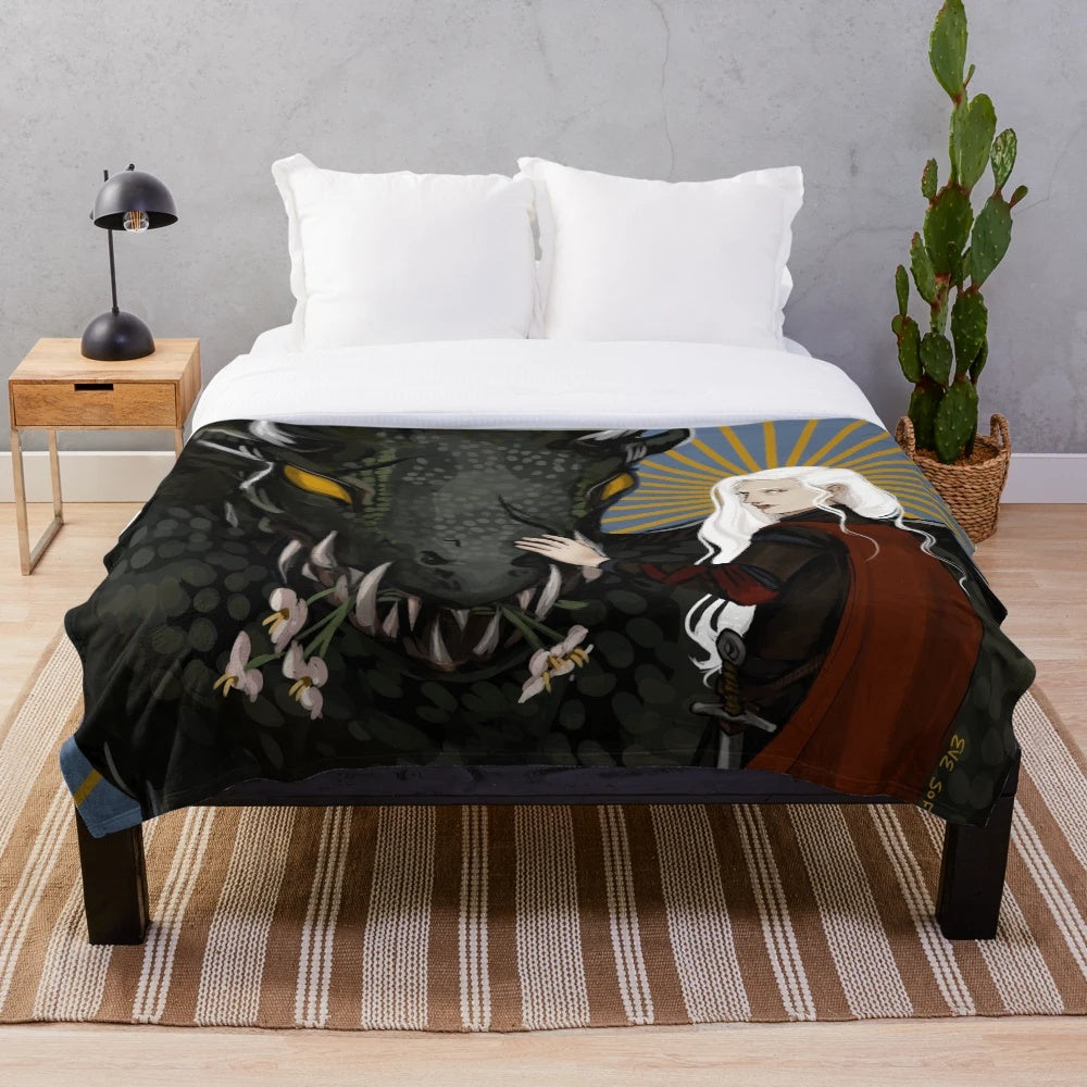 Throne of Glass inspired plush blanket featuring Manon Blackbeak and Abraxos the wyvern