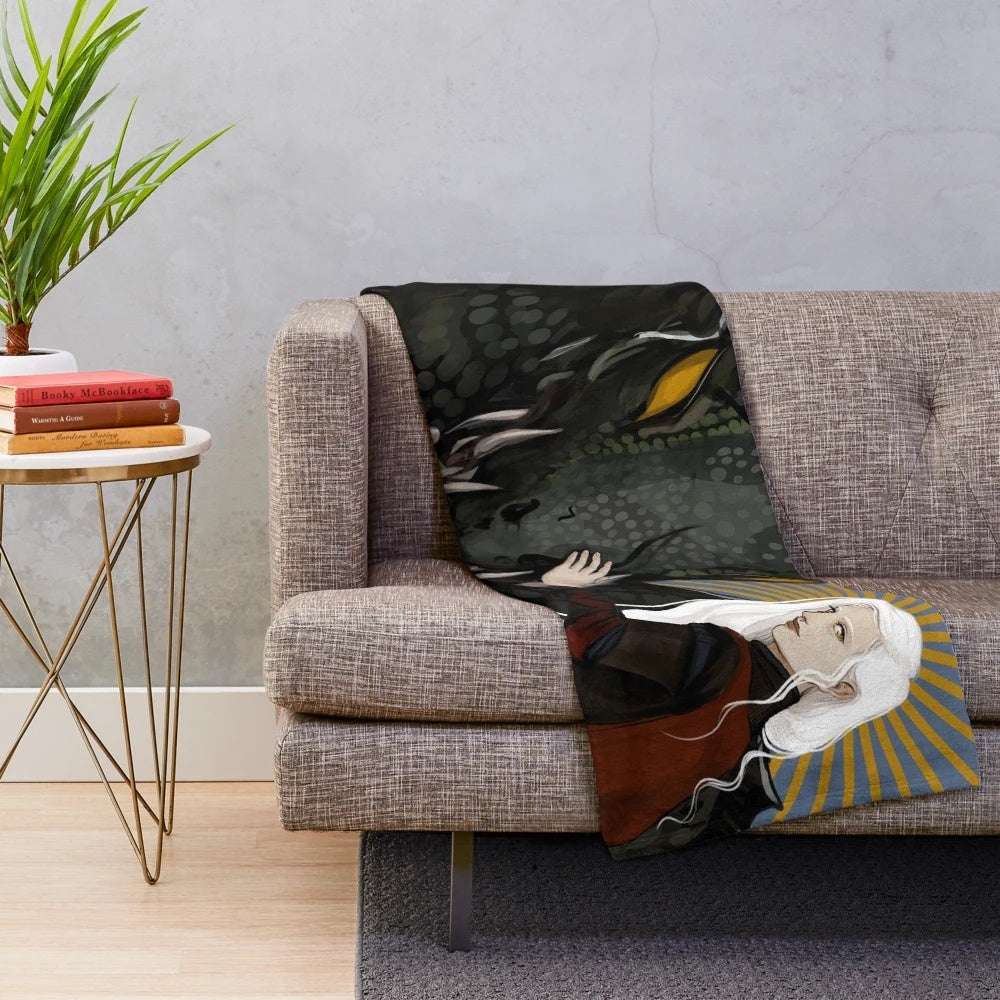 Throne of Glass inspired plush blanket featuring Manon Blackbeak and Abraxos the wyvern