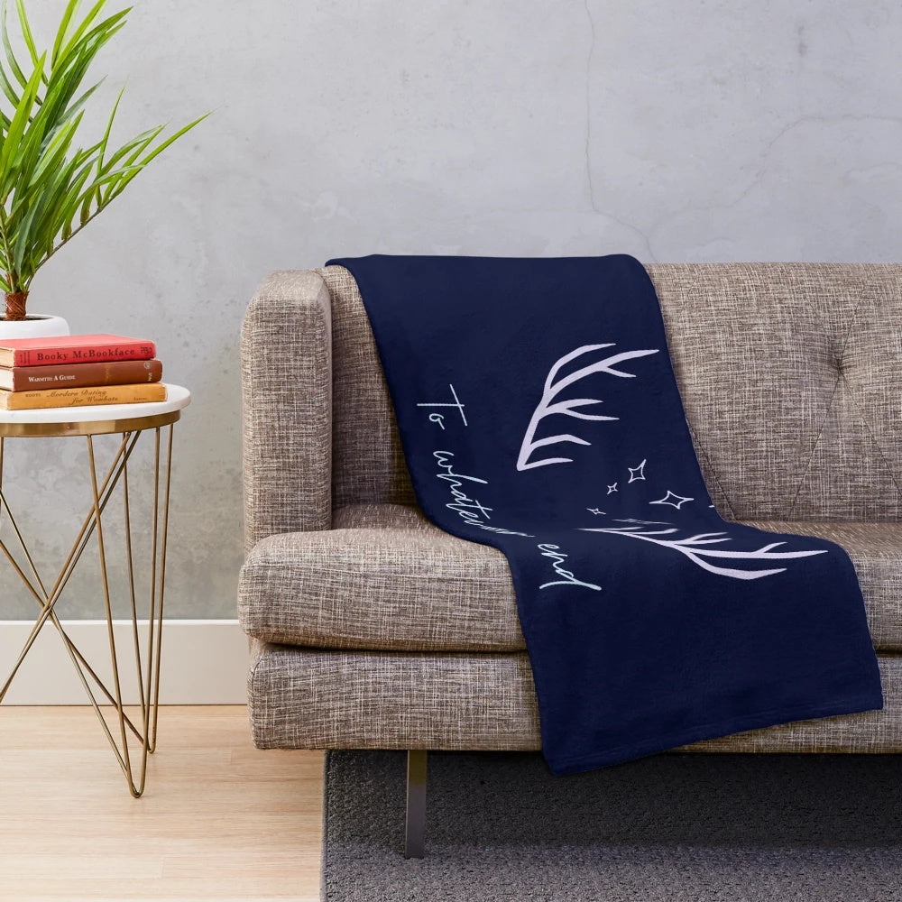 Throne of Glass inspired plush blanket featuring the 'To Whatever End' quote and fantasy elements
