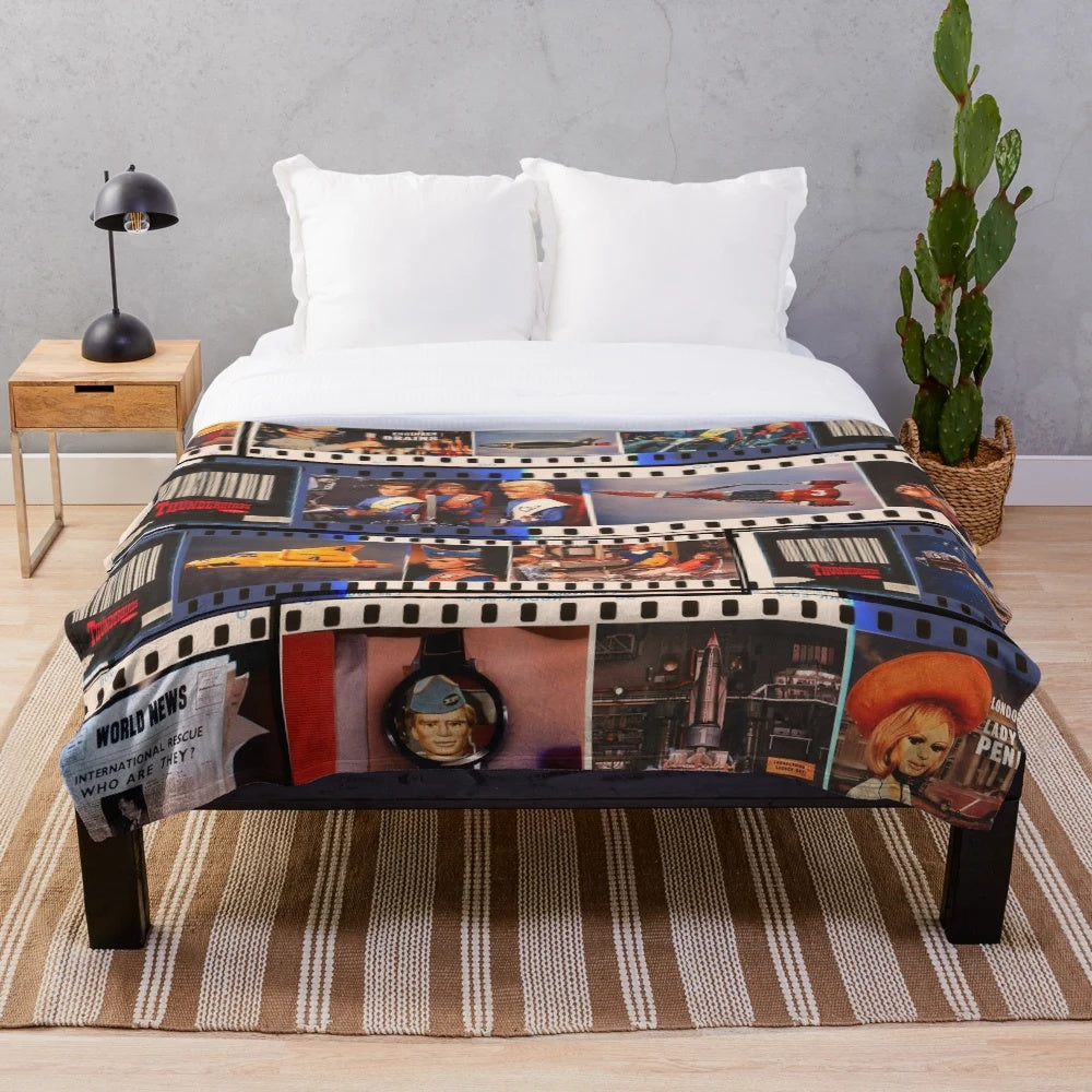 Thunderbirds-inspired plush blanket featuring the Tracy family and sci-fi elements