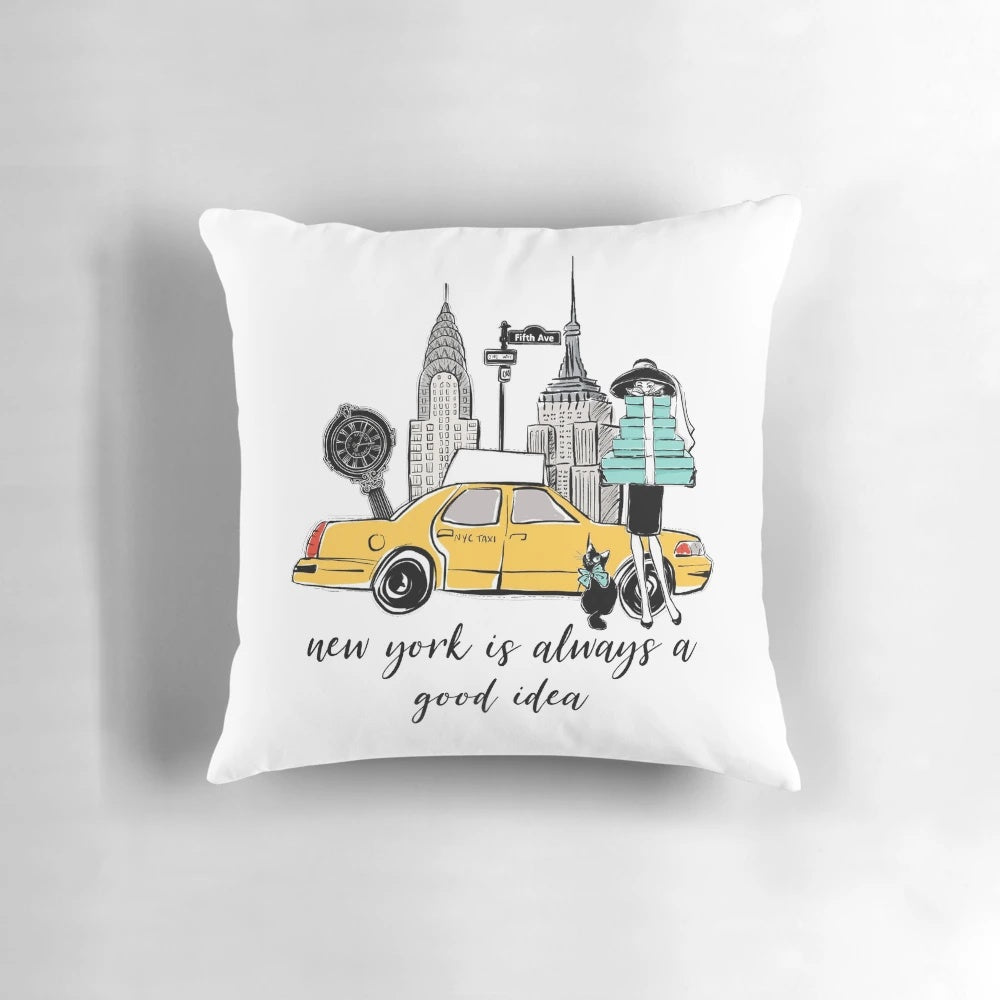 Tiffany-inspired pillow with Audrey Hepburn and New York City skyline design
