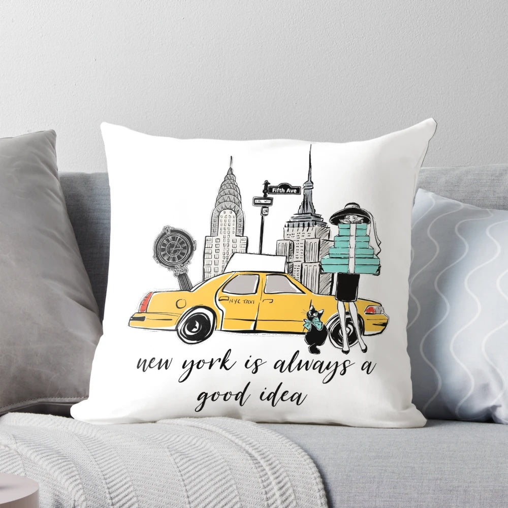 Tiffany-inspired pillow with Audrey Hepburn and New York City skyline design