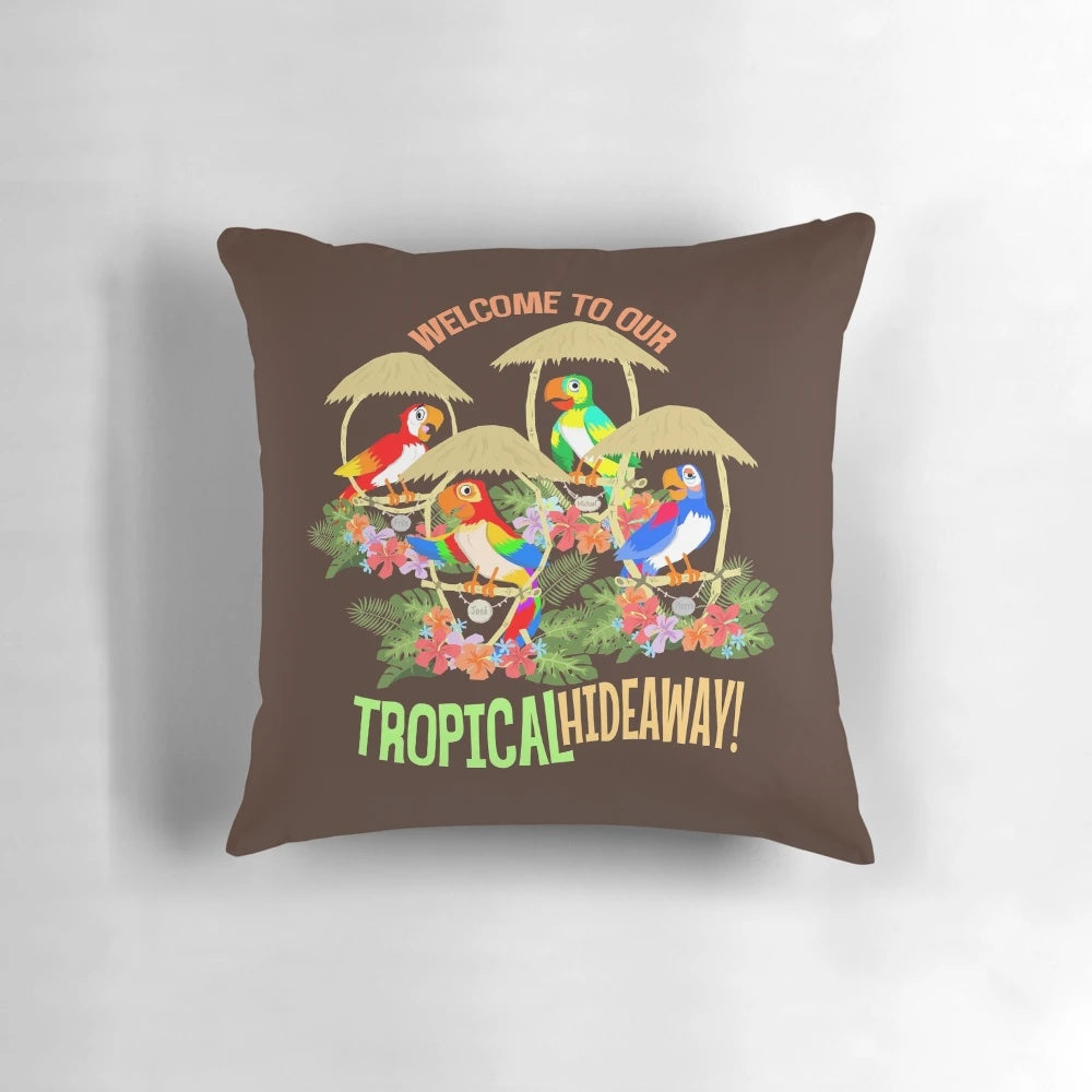 Tiki Room tropical hideaway pillow featuring tropical birds and tiki decor