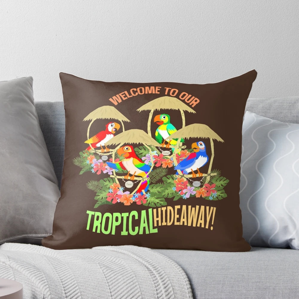 Tiki Room tropical hideaway pillow featuring tropical birds and tiki decor