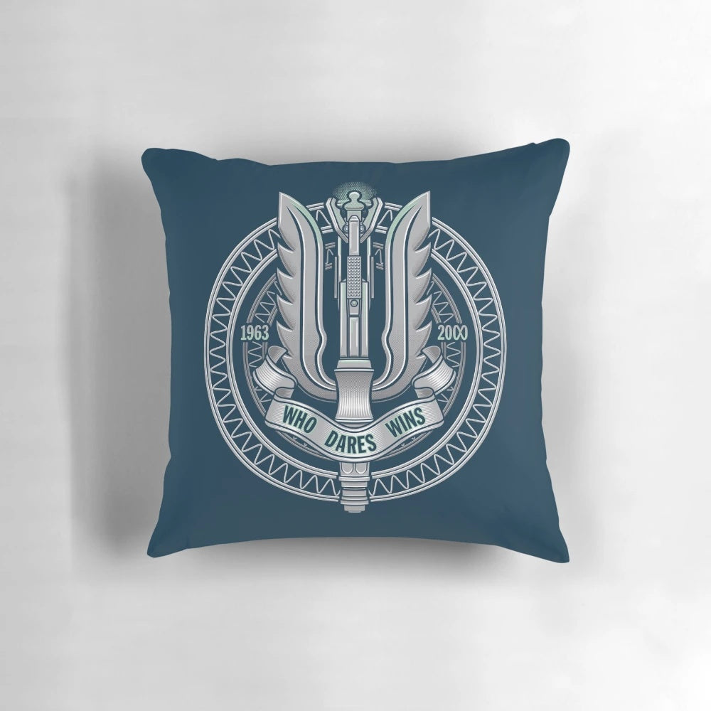 A decorative pillow featuring a vector illustration of a sonic screwdriver, a classic symbol from the popular sci-fi TV series Doctor Who.