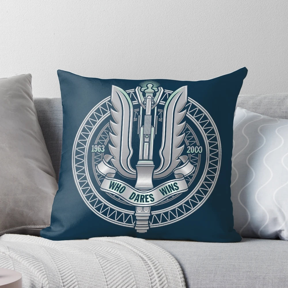 A decorative pillow featuring a vector illustration of a sonic screwdriver, a classic symbol from the popular sci-fi TV series Doctor Who.