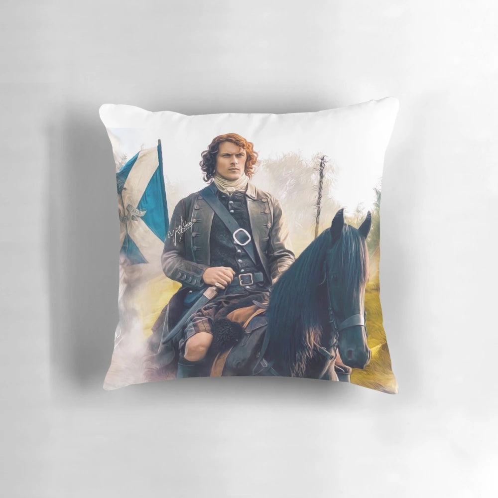 Time travel themed pillow with Outlander-inspired design