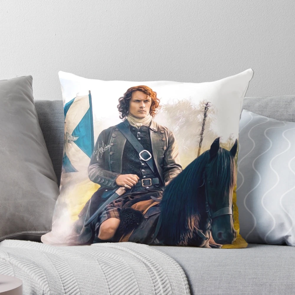 Time travel themed pillow with Outlander-inspired design