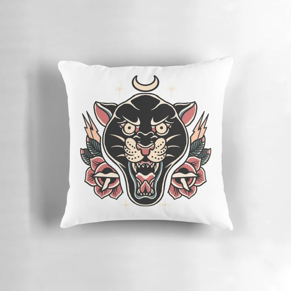 American traditional tattoo-inspired pillow featuring a panther and roses design