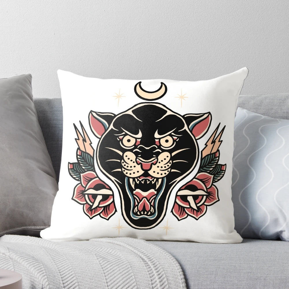 American traditional tattoo-inspired pillow featuring a panther and roses design