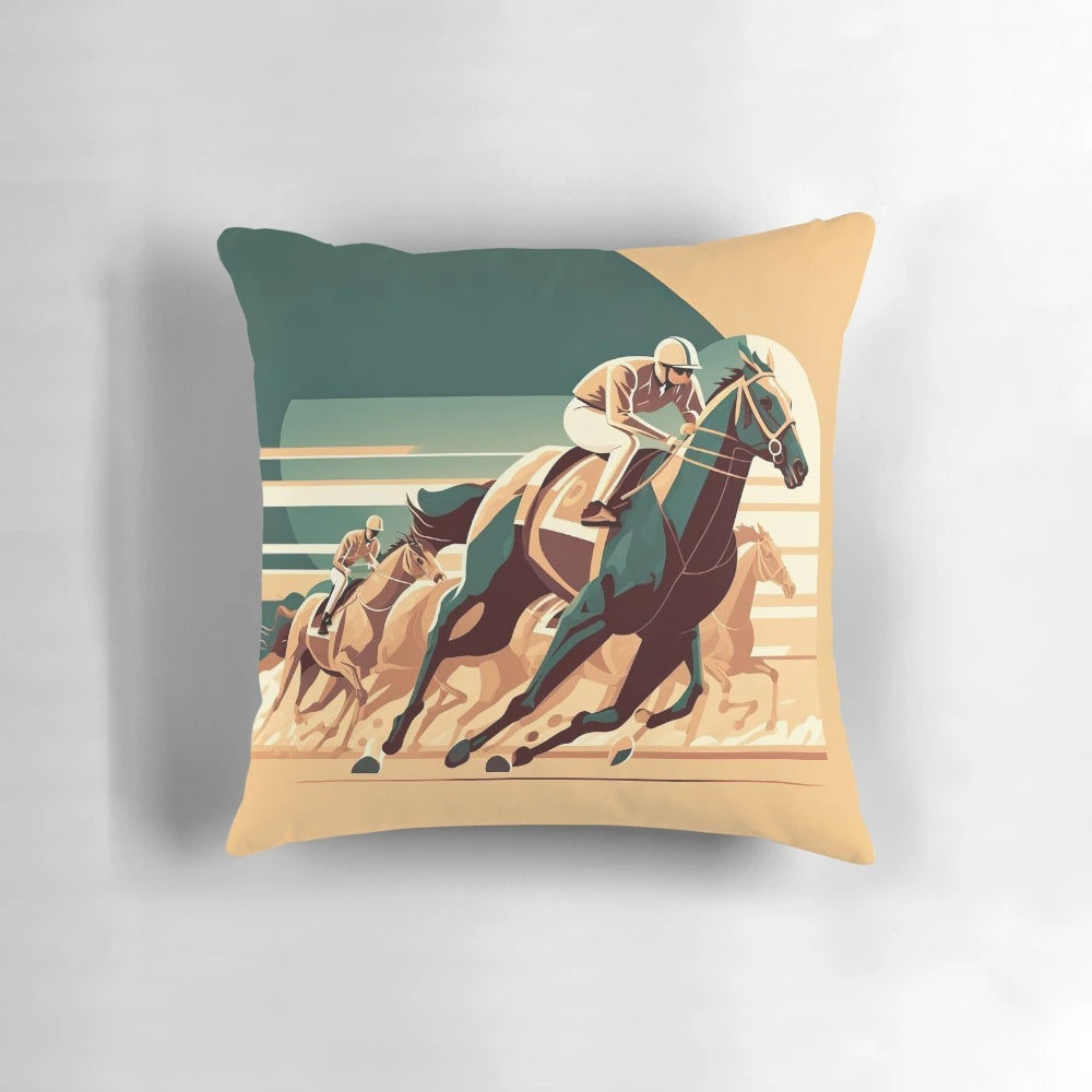 Art Deco Style Horse Racing Pillow with Vintage Car and Jockey