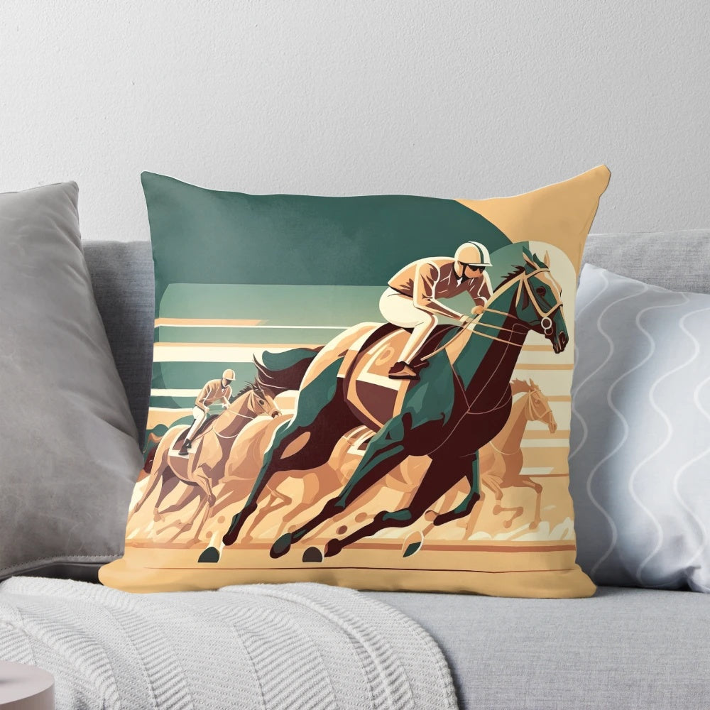 Art Deco Style Horse Racing Pillow with Vintage Car and Jockey