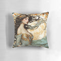 A decorative pillow featuring a vintage-inspired portrait with art nouveau floral elements and a gilded frame, exuding timeless beauty and ethereal charm.