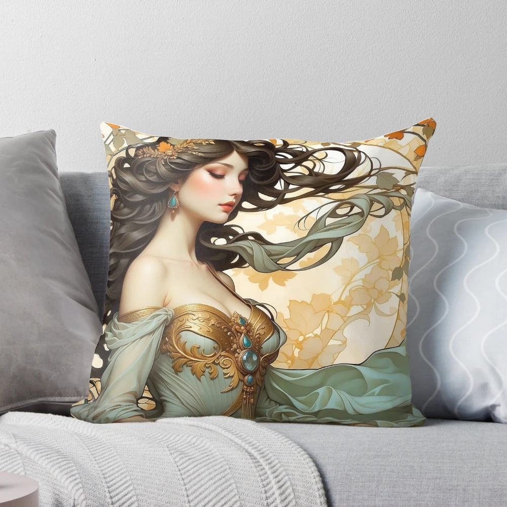 A decorative pillow featuring a vintage-inspired portrait with art nouveau floral elements and a gilded frame, exuding timeless beauty and ethereal charm.