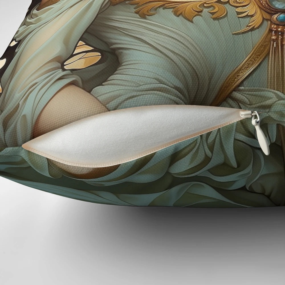A decorative pillow featuring a vintage-inspired portrait with art nouveau floral elements and a gilded frame, exuding timeless beauty and ethereal charm.