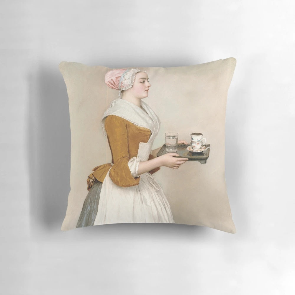 Pillow featuring the classic pastel painting "The Chocolate Girl" by renowned Swiss artist Jean-Etienne Liotard