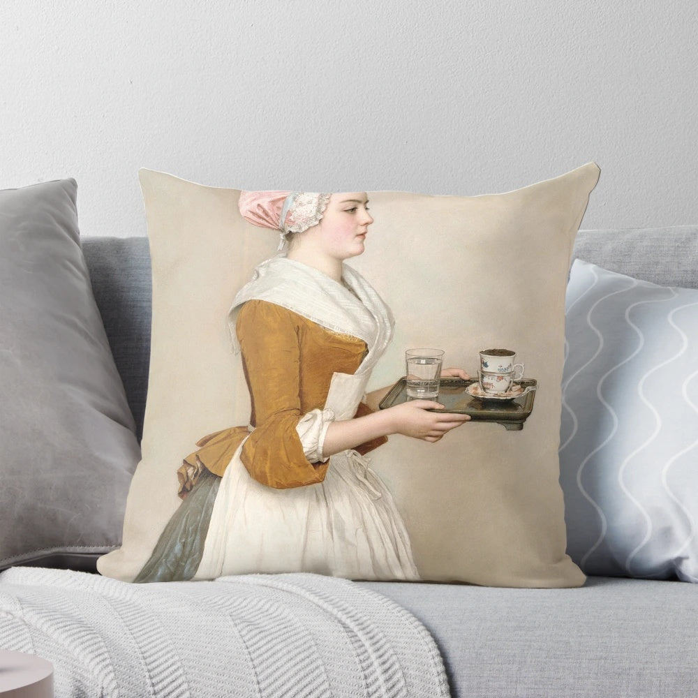 Pillow featuring the classic pastel painting "The Chocolate Girl" by renowned Swiss artist Jean-Etienne Liotard