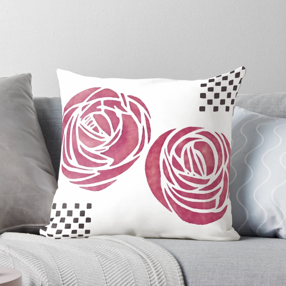 Decorative pillow featuring a stunning rose design by the renowned Scottish artist Charles Rennie Mackintosh.