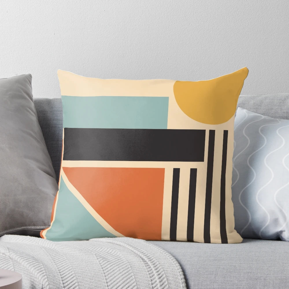 Bauhaus-inspired mid-century modern pillow with neutral geometric shapes, perfect for a minimalist summer home.